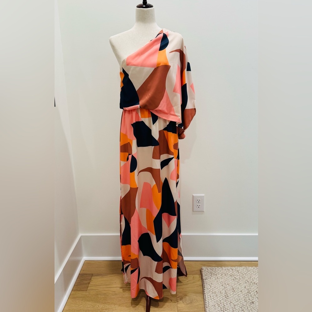 Beautiful One Shoulder Draped Top TCEC Multicolor Abstract Dress Like New!